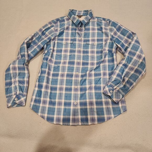 Eddie Bauer Small Blue Plaid Womens Button Up Outdoor Camping Hiking Blouse - Picture 1 of 8